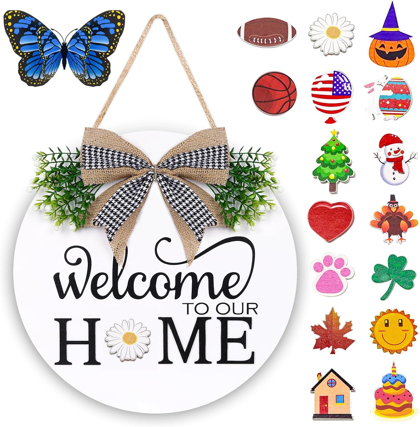 Interchangeable Welcome Sign for Front Door - Solid Wooden Welcome Wreaths with 16 Seasonal Holiday Icons Front Door Decor for Farmhouse Hanging, Valentine's, Easter Christmas Housewarming Gift Decor