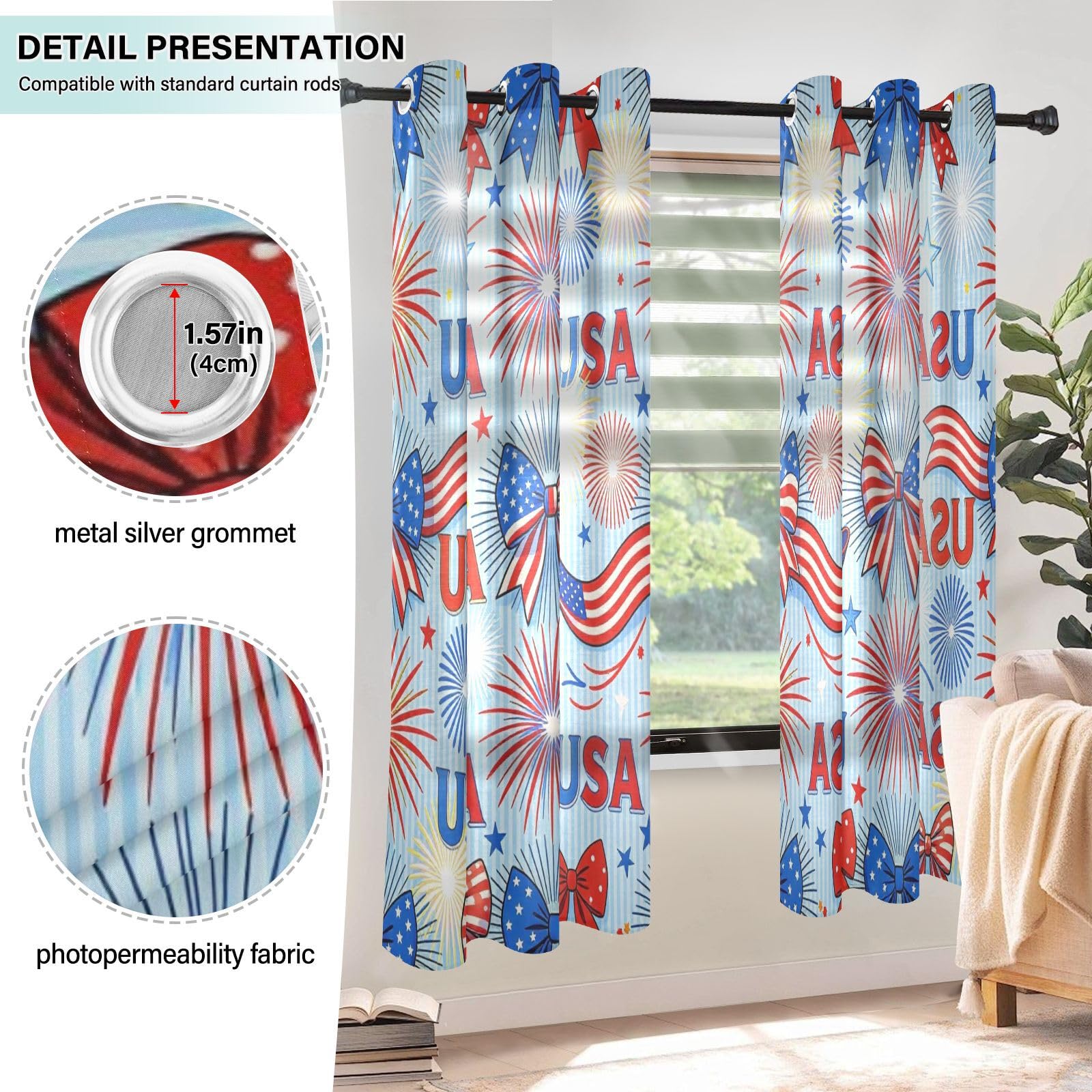 Cortinas opacas decorativas para ventana del 4 de julio, con lazo de fuegos artificiales y cortinas, juego de 2 paneles