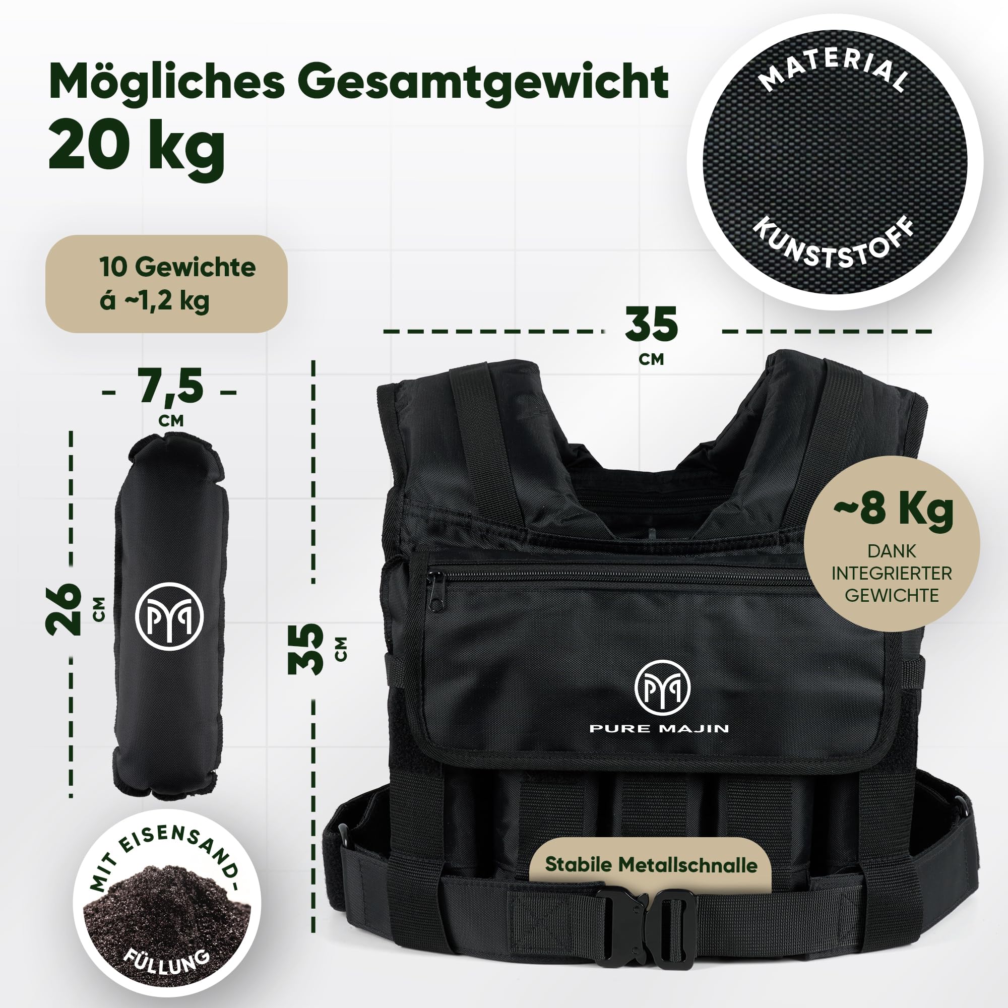Gewichtsweste PURE MAJIN® 20kg verstellbar [mit Tasche & Metallgurt] | Fitness Workout Laufen Calisthenics Equipment Weighted Vest Trainingsweste Laufweste