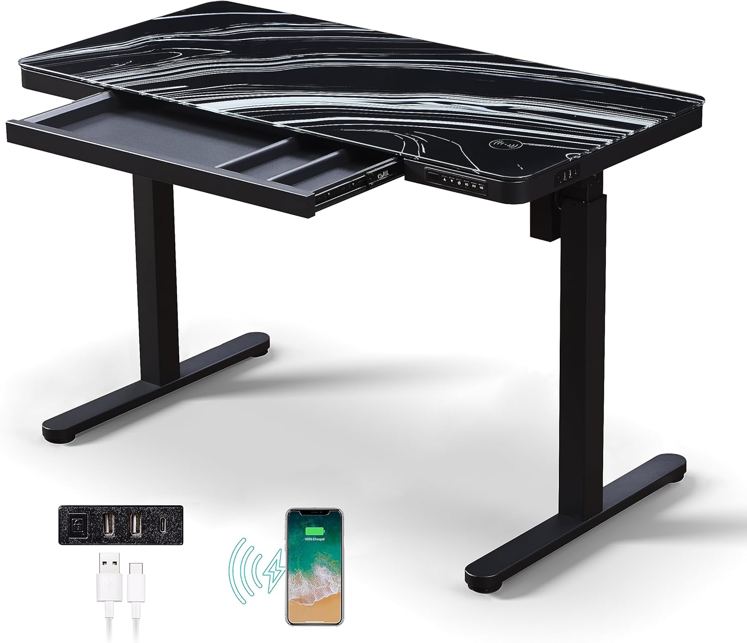 Height Adjustable Electric Standing Desk with Marble Effect Glass Top Black Desk with Drawers, USB C & Wireless Chargers, Sit Stand Electric Desk, Stand Up Desk, Adjustable Desk, 120cm, Office Desk
