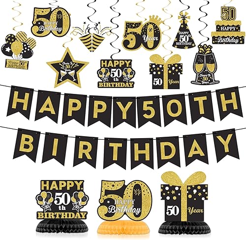 Decoración de fiesta de cumpleaños de 50 años, color negro y dorado con purpurina, decoraciones de feliz cumpleaños 50 años, pancarta de espirales