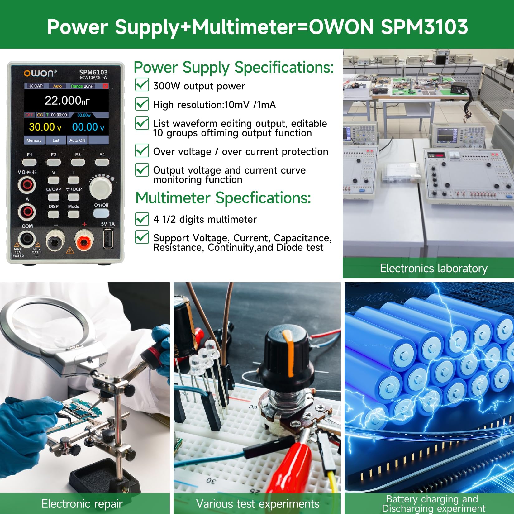 OWON SPM6103 Alimentatore da Banco (0-60V, 0-10A), 2 in 1 Alimentatore CC e Multimetro, Alimentatore da Laboratorio DC, Display LCD da 2,8 Pollici, Multimetro Digitale, con porta di ricarica USB