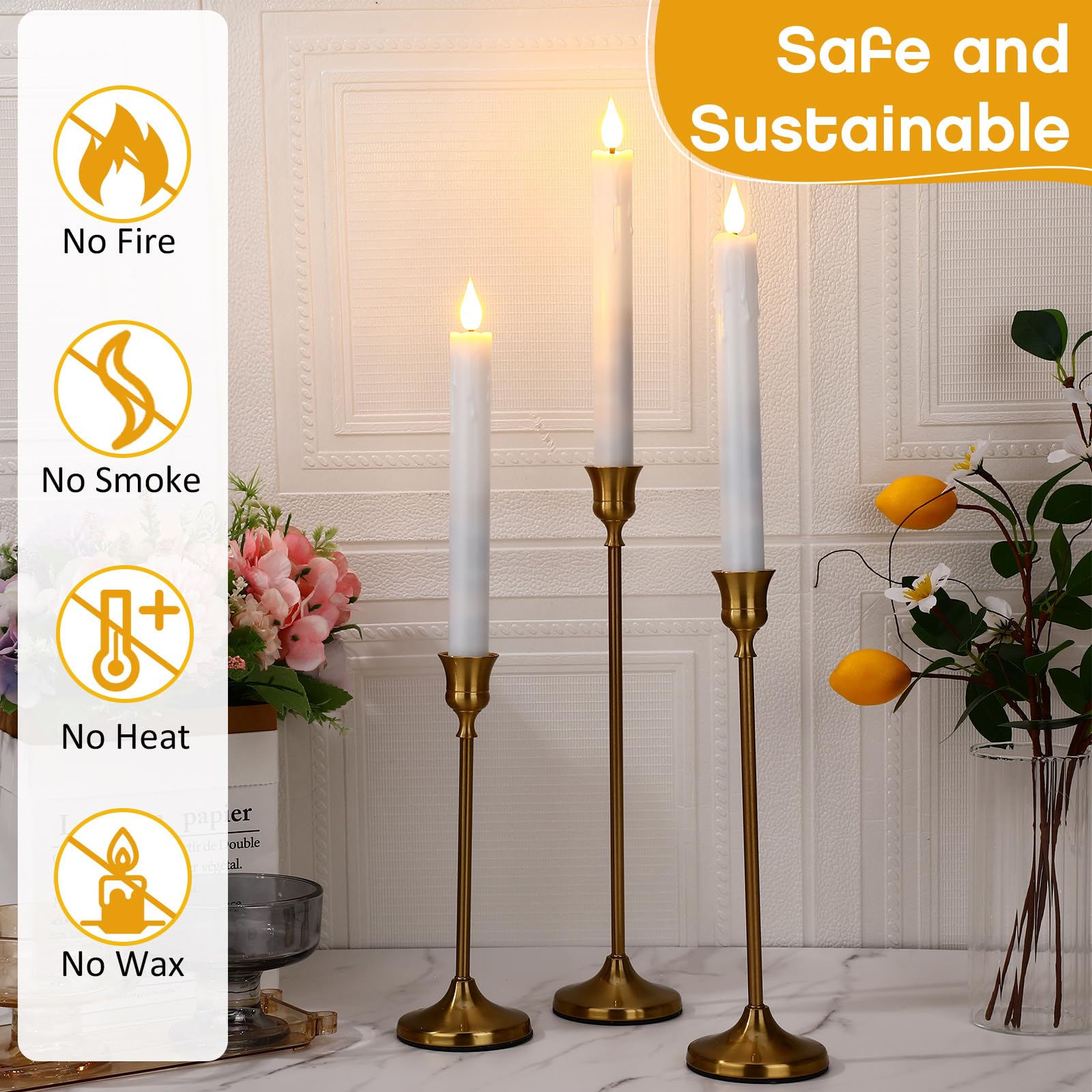 Baquler Lot de 24 bougies coniques sans flamme de 22,5 cm - Sans gouttes - Fonctionnement à piles - Bougies de fenêtre avec flamme vacillante 3D pour Pâques, maison, mariage, dîner, église