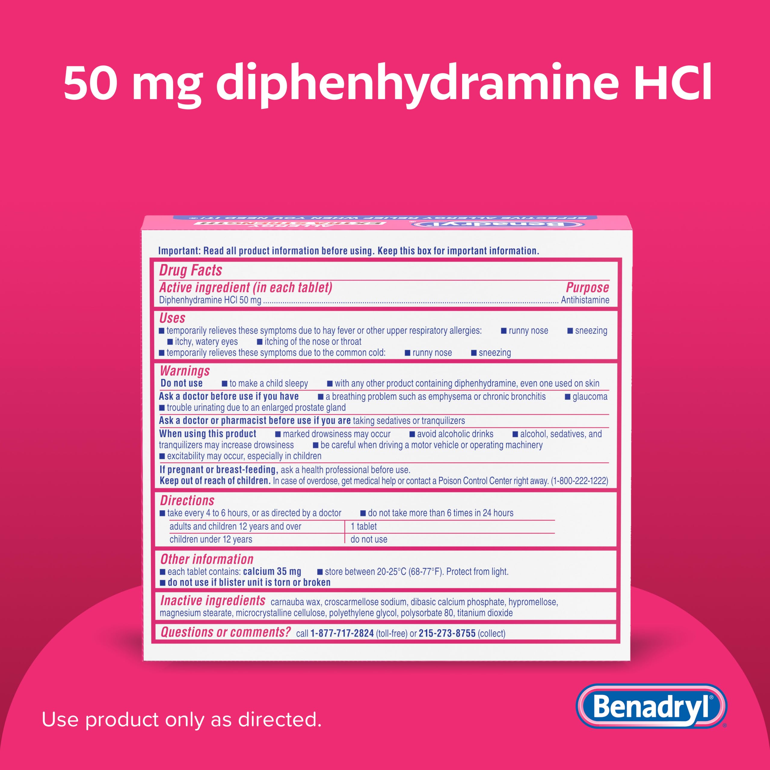 Benadryl Extra Strength Allergy Tablets, 50 mg Diphenhydramine HCl, 24 Ct — Amazon image 7