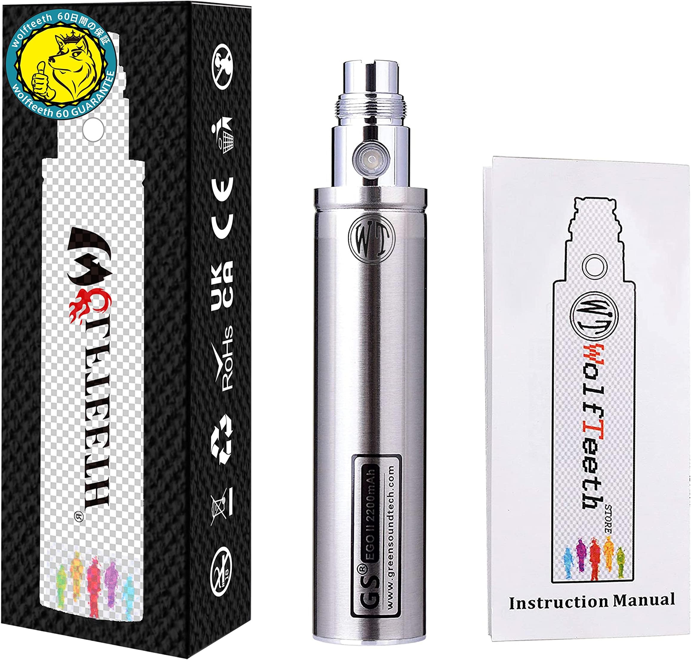WOLFTEETH Genuine GS EGO II 2200mAh Huge Battery 510 E-Shisha E-Cigarette Lumia Edition (0ml Nicotine Free/Silver 10401 WT)