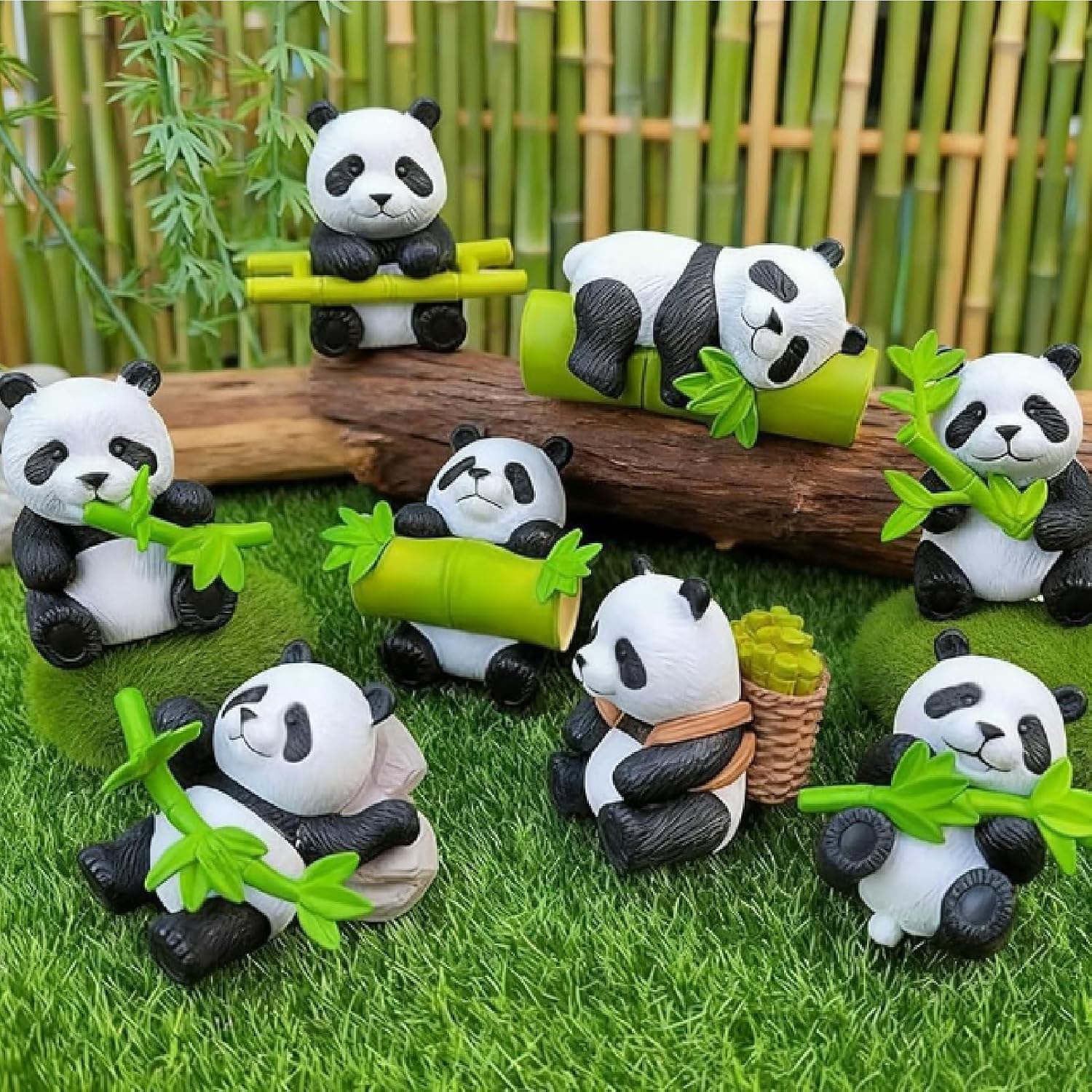 8 PCS Mini Panda Figurine, Cute Resin Panda Statue Pandas Cake Topper Decor DIY Miniature Landscape Little Bears with Bamboo for Party Micro Landscape Ornaments Garden DIY Kit