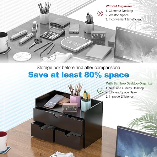 Miniatura 5 de Organizador de escritorio de bambú con cajones, cajones de almacenamiento de escritorio para facturas, suministros de oficina, utensilios de cocina,