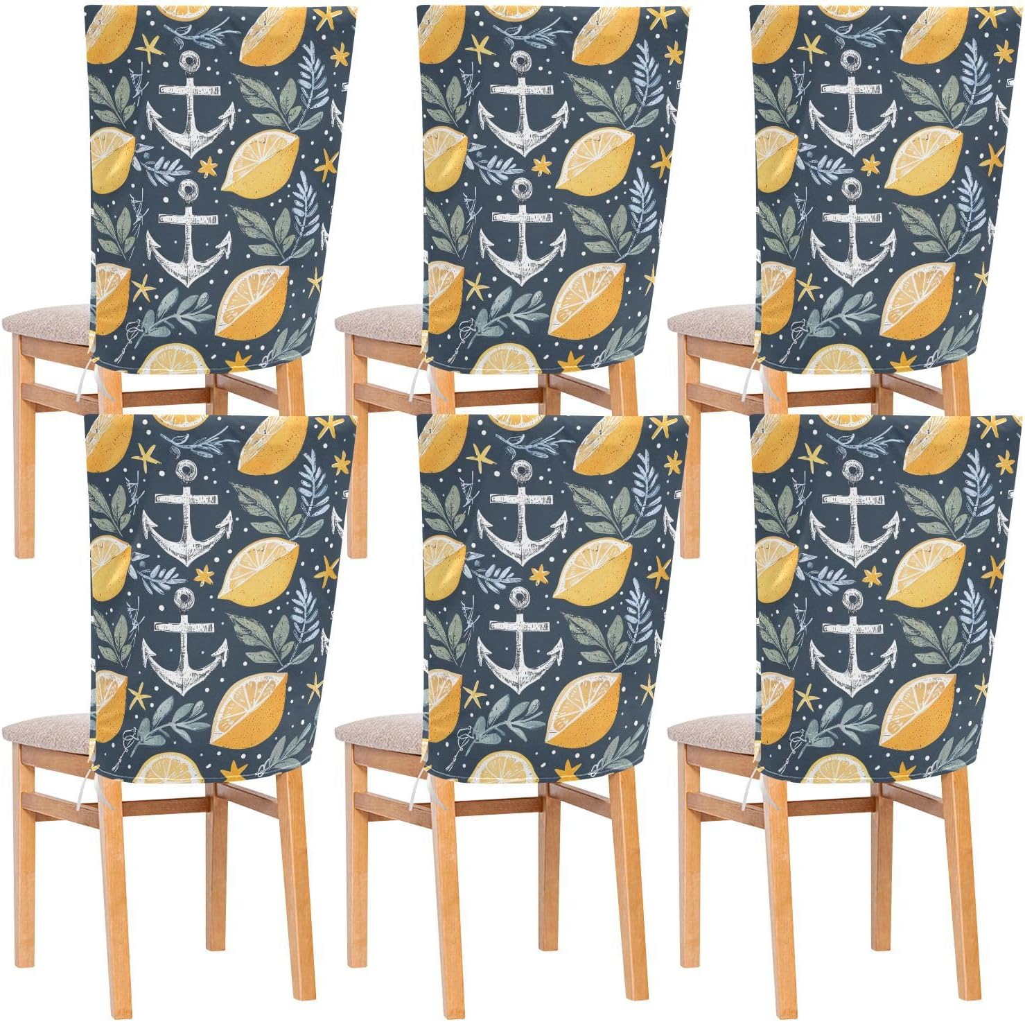 ALAZA Anchor Lemons Stars Chair Back Cover Set of 6, Washable Reusable Removable Chair Slipcovers Decorative Chair Cover for Home Kitchen Wedding Party