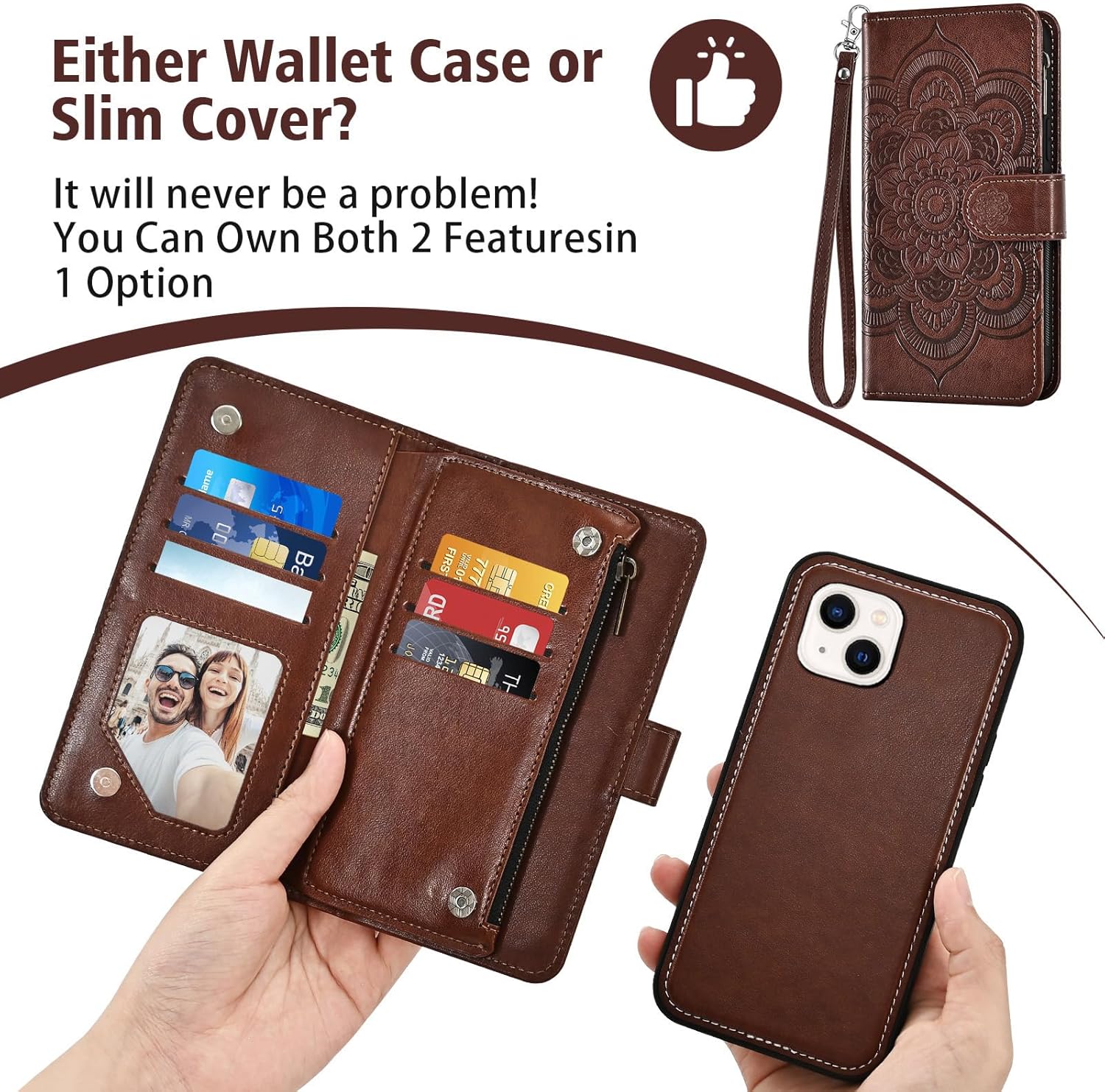 Asuwish Phone Case for iPhone 13 6.1 inch Zipper Wallet Cell Cover with Tempered Glass Screen Protector Crossbody Lanyard Strap Flower Card Holder iPhone13 5G i i-Phone i13 iPhone13case Women Brown