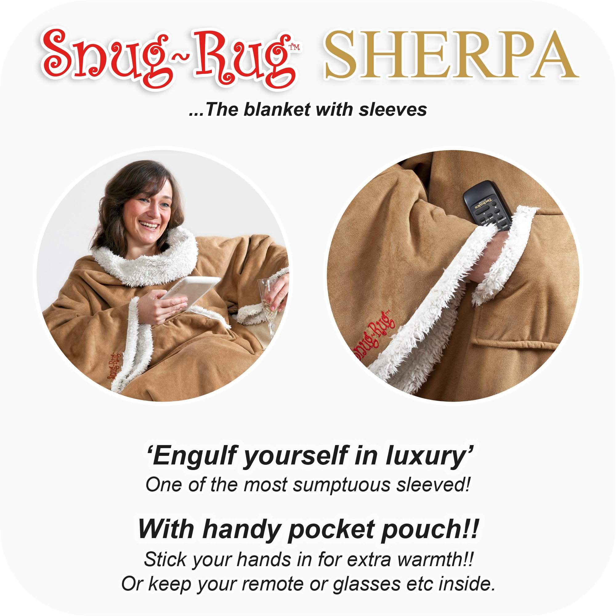 Snug Rug Sherpa miękki koc ze sztucznego zamszu z rękawami, oryginalne koce z rękawami, super miękki, luksusowy, 270 g/m², miękki materiał, ponadwymiarowe, kieszeń dla dorosłych, rozmiar brązowy