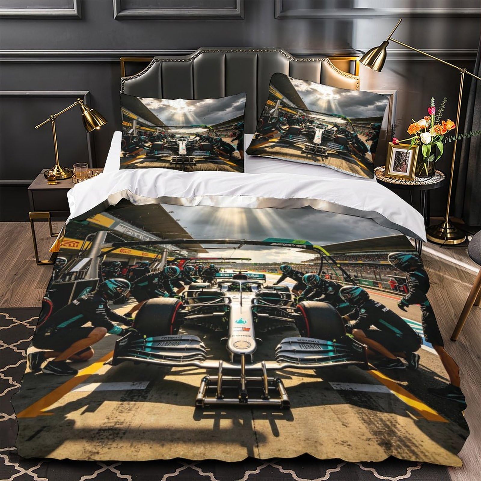 XiaopangXY Breathable Mercedesse Racing Duvet Cover Single（140x200cm）, Cozy Sleeping Aid Pit Stop Comforter Cover for Boy & Girl & Adults, Comfortable Home Bedding Set