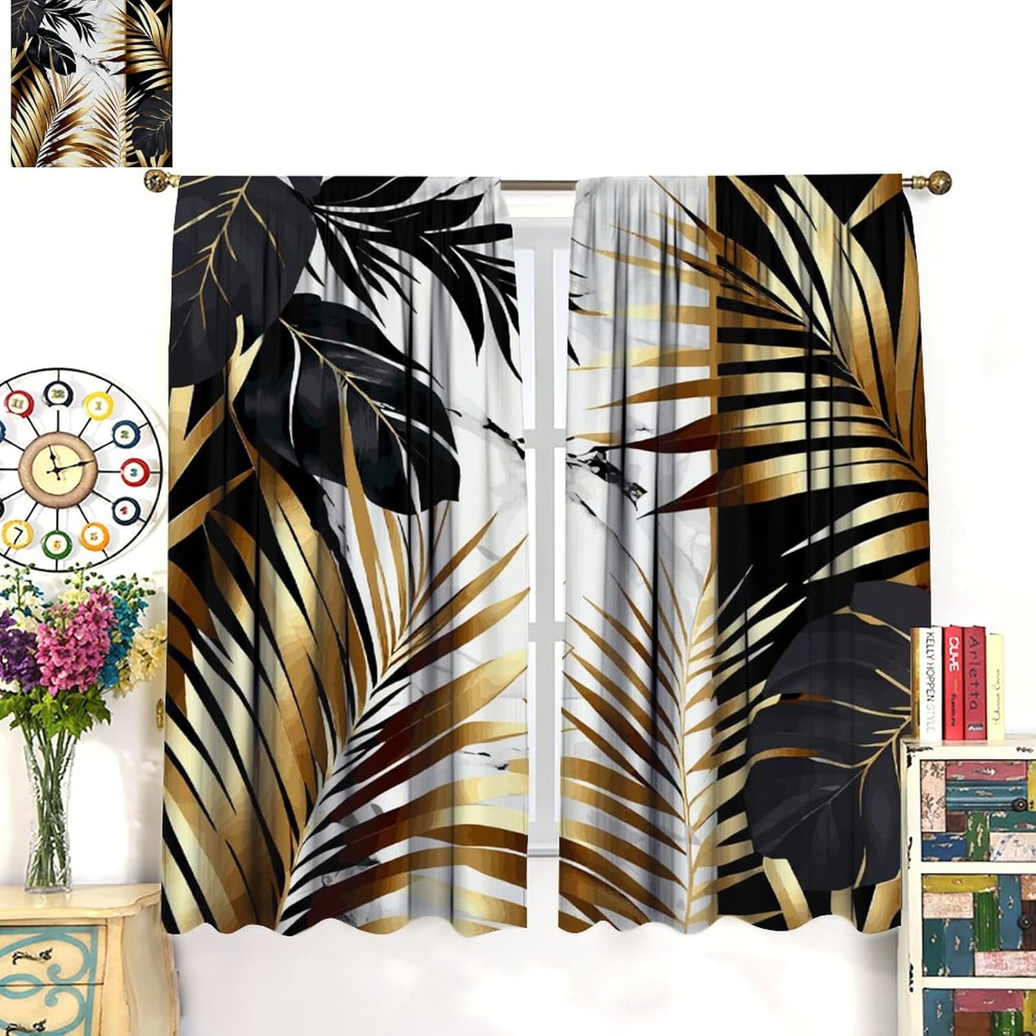 Baroque Leaves Curtains, Modern Luxury Black Golden Tropical Palm Plants Decor Marble Drapes, Thermal Insulation Blackout Rod Pocket Window Treatments for Living Room Bedroom Bathroom 52x84in