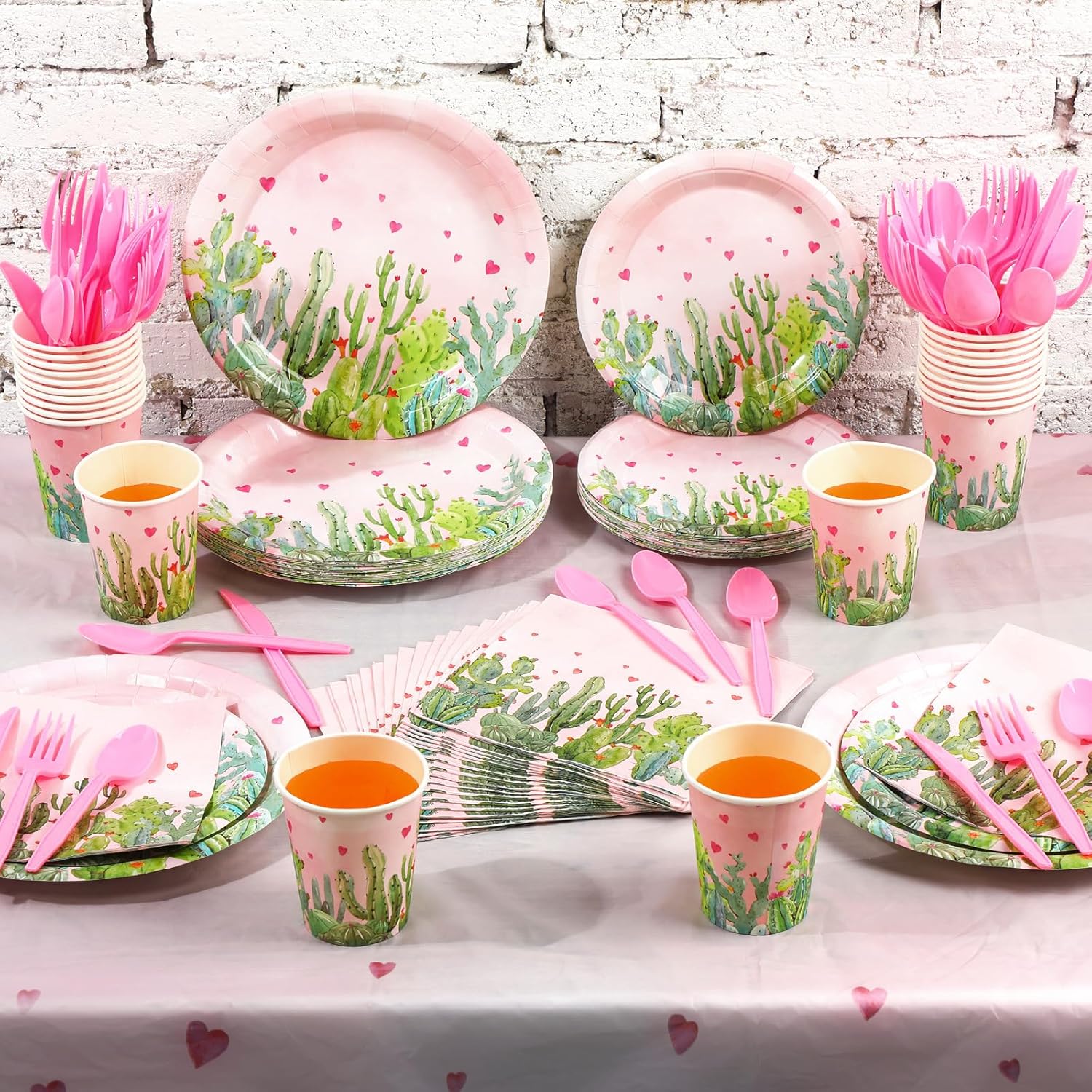 170 Pcs Cactus Party Decorations Supplies 24 Guest Cactus Party Set Disposable Tableware Paper Plate Cup Napkin Fork Knives Spoon for Fiesta Celebration Birthday Taco Decoration (Pink)