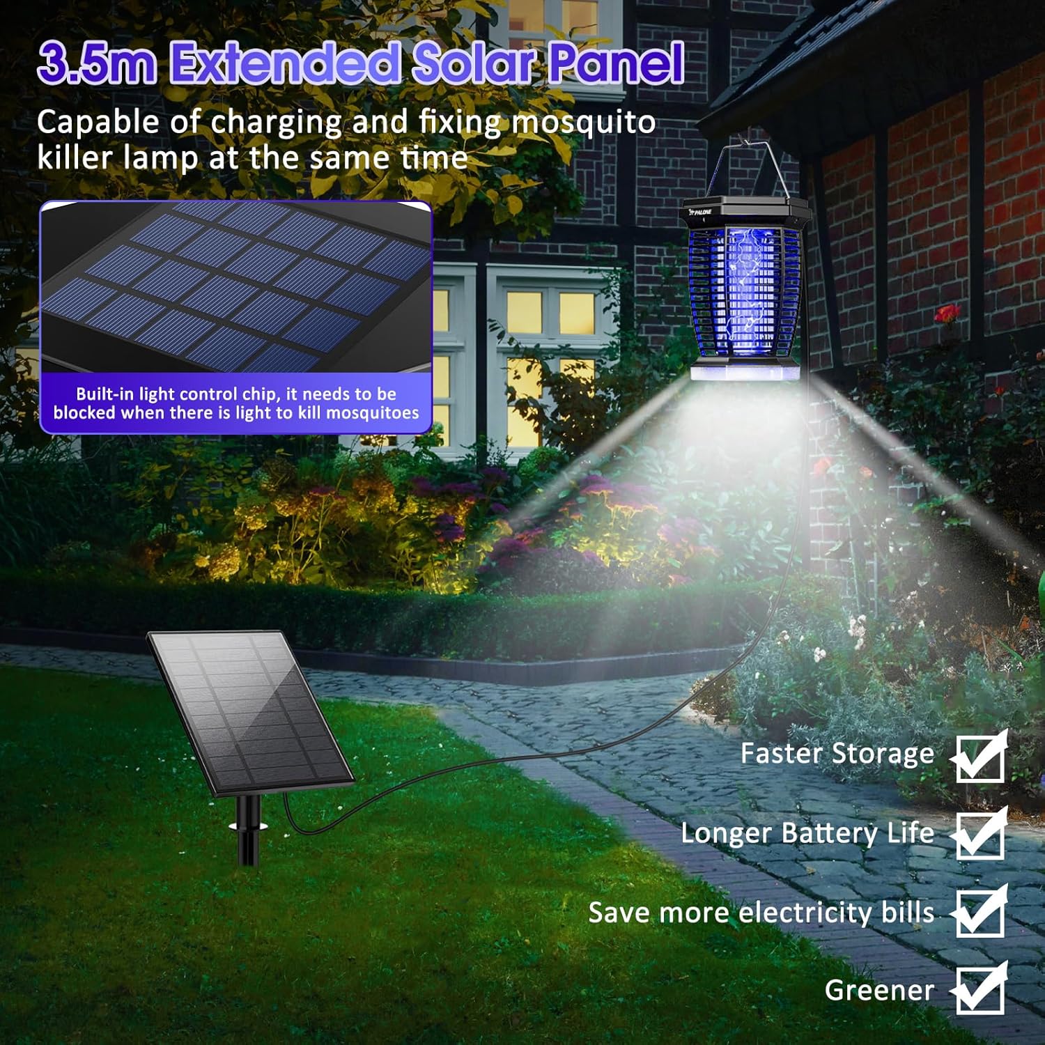 PALONE Solar Bug Zapper with 3.5m extended solar panel for flexible placement.