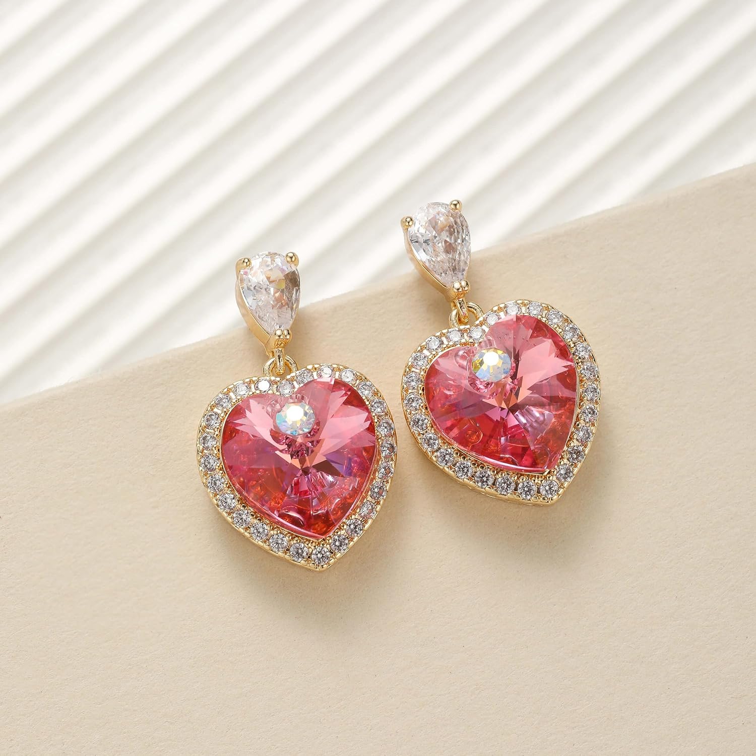 Trendy Austrian Crystal Heart Halo Drop Stud Earrings for Women 14K Gold Plated Dangle Earring Hypoallergenic Jewelry Gift - Image 3