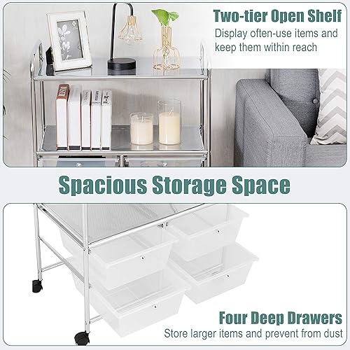 Miniatura 4 de RELAX4LIFE Carrito de almacenamiento con cuatro cajones, ruedas y dos estantes, marco de acero estable para oficina, hogar, almacenamiento de