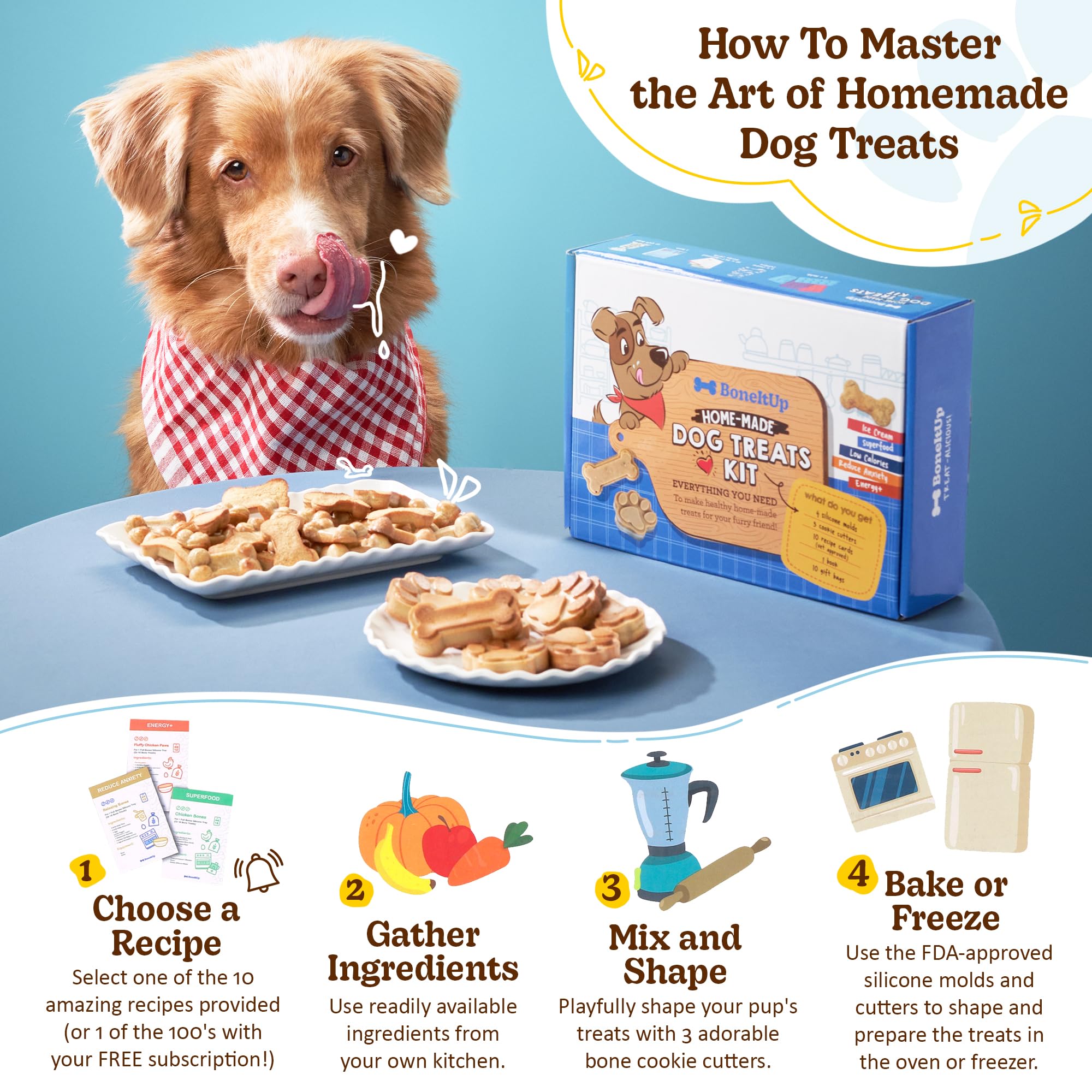 BoneItUp Juego de golosinas caseras para perros, moldes de silicona, cortadores de galletas con recetas saludables aprobadas por veterinarios, golosinas para cachorros con patas y huesos, bandejas de