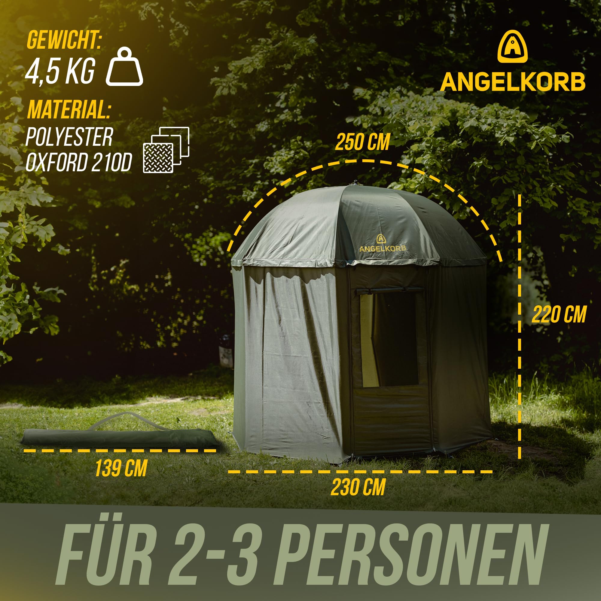 Angelschirm con pared lateral 2,50 m – Sombrilla para pesca y tienda de campaña, repelente al agua, protección contra mosquitos, inclinable a 45° – Carpa de pesca para camping y al aire