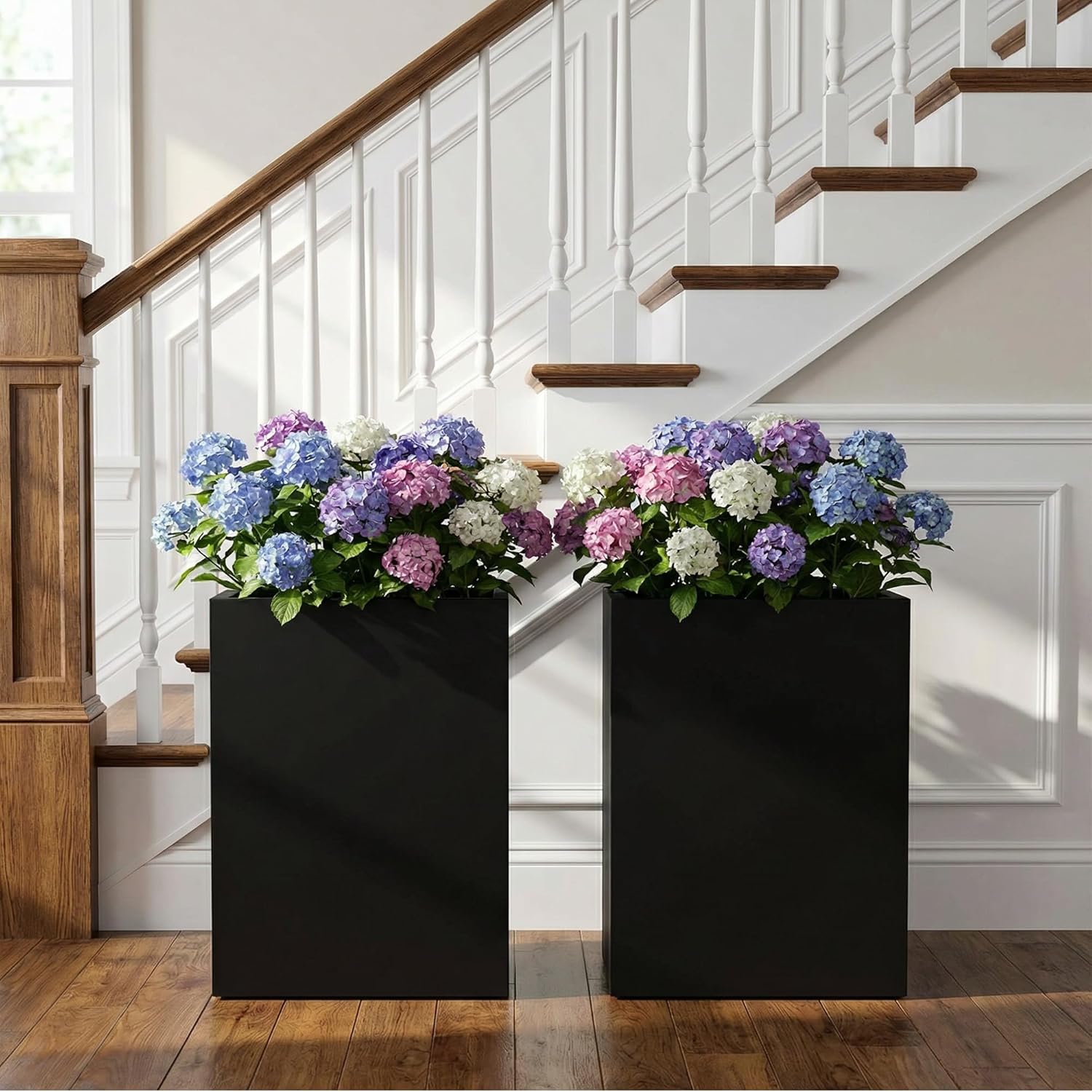 Casaphoriar Metal Planter Box 13"x13"x21", Rectangular Planter and Drainage Holes, Perfect for Outdoor Patio and Balcony Decor, Black(Set of 2)