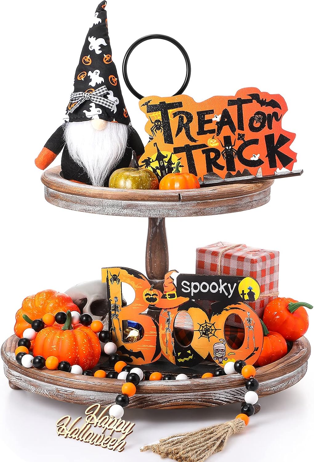 4 Pieces Halloween Tiered Tray Decor Set, Gnomes Doll, Wooden Boo Happy Halloween Signs Decor, Wooden Cutout Letter Wooden Board Bead Garland for Halloween Home Table House Room Decoration