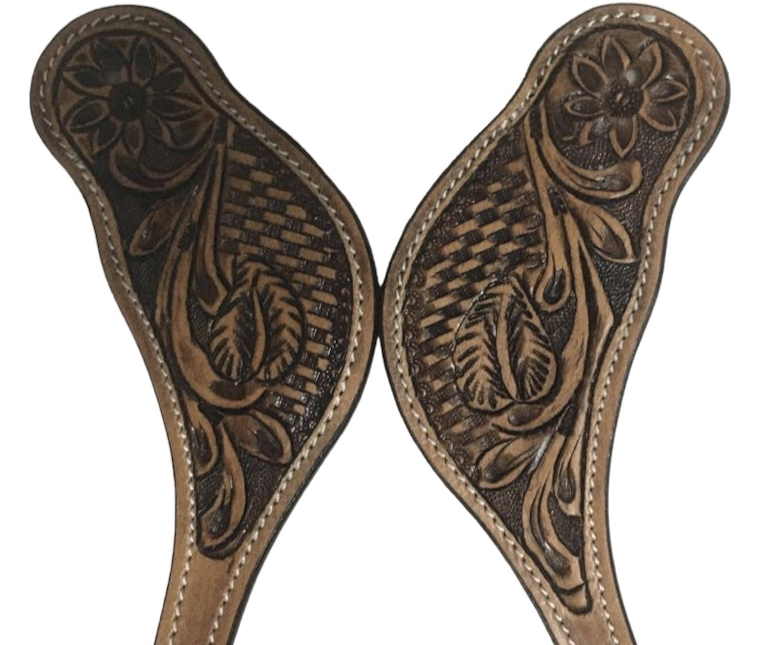 Majestic Ally Western Spur Straps, Genuine Leather, Antique Hand Tooling, Adjustable Stainless Steel Buckle (NAT) - Image 3
