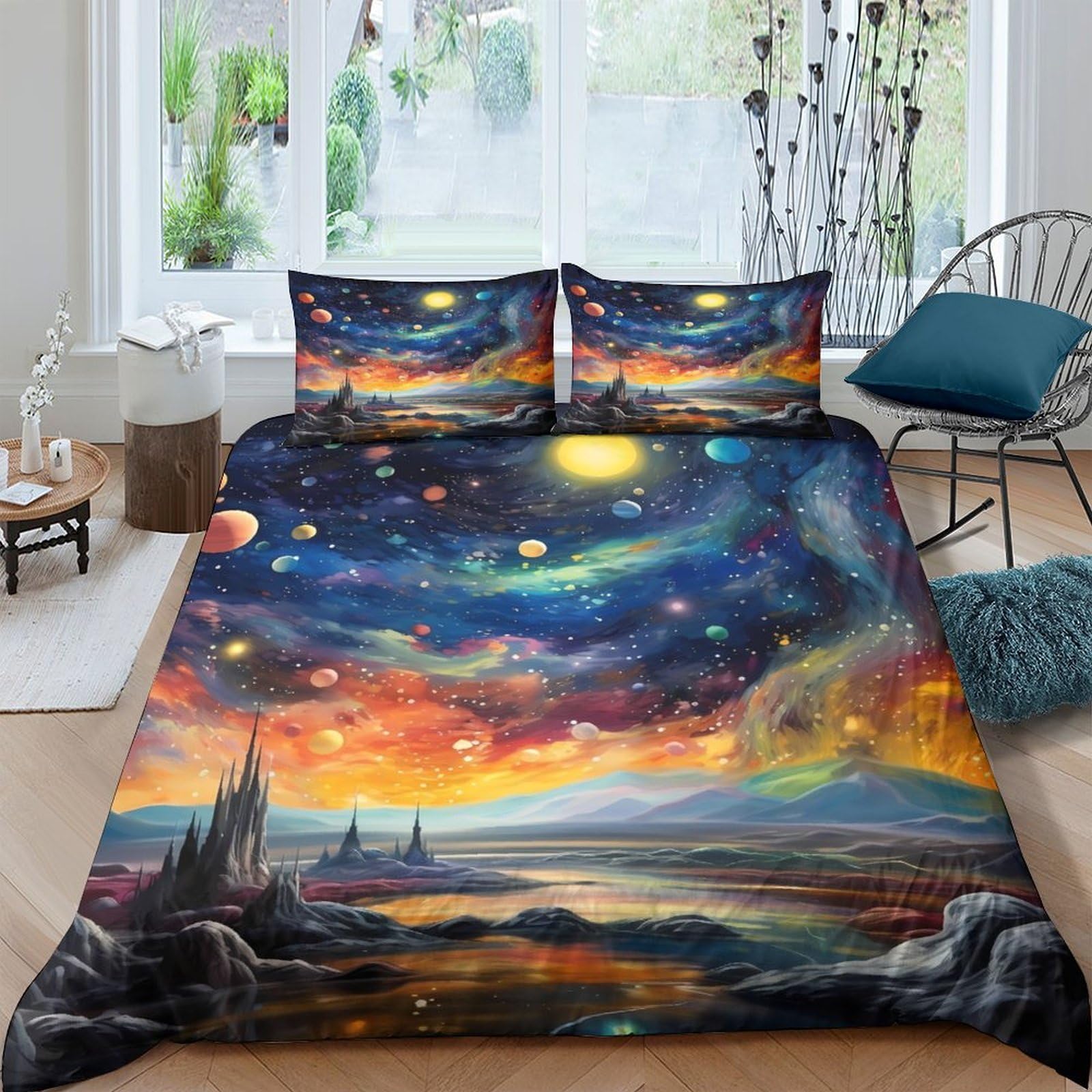 3D Printed Cosmic landscape Bedding Cover Durable Fabric Fantasy space art Quilt Cover Soft Comfortable Wrinkle Resistant Quick Drying Easy Care for All Season Home Use Single（140x200cm）