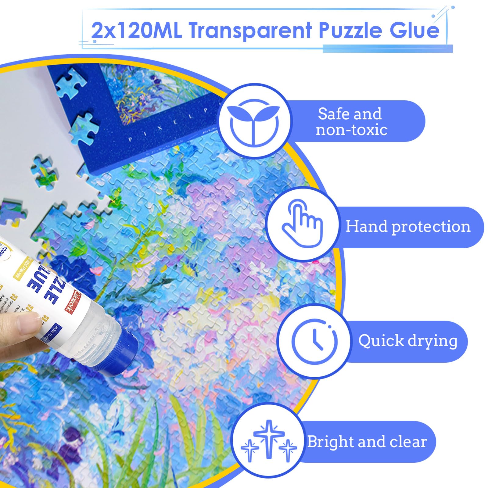 KOAHDE Colle Pour Puzzle 120 Ml – Colle Transparente Avec Applicateur Éponge – Fixation Et Suspension Pour 1000 à 3000 Pièces