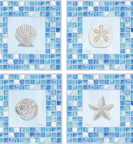 buyartforless Mosaico Sea Life Paul Brent - Juego de 4 unidades, 8x8 estrellas, pez festoneado, arena, dólar nautilus