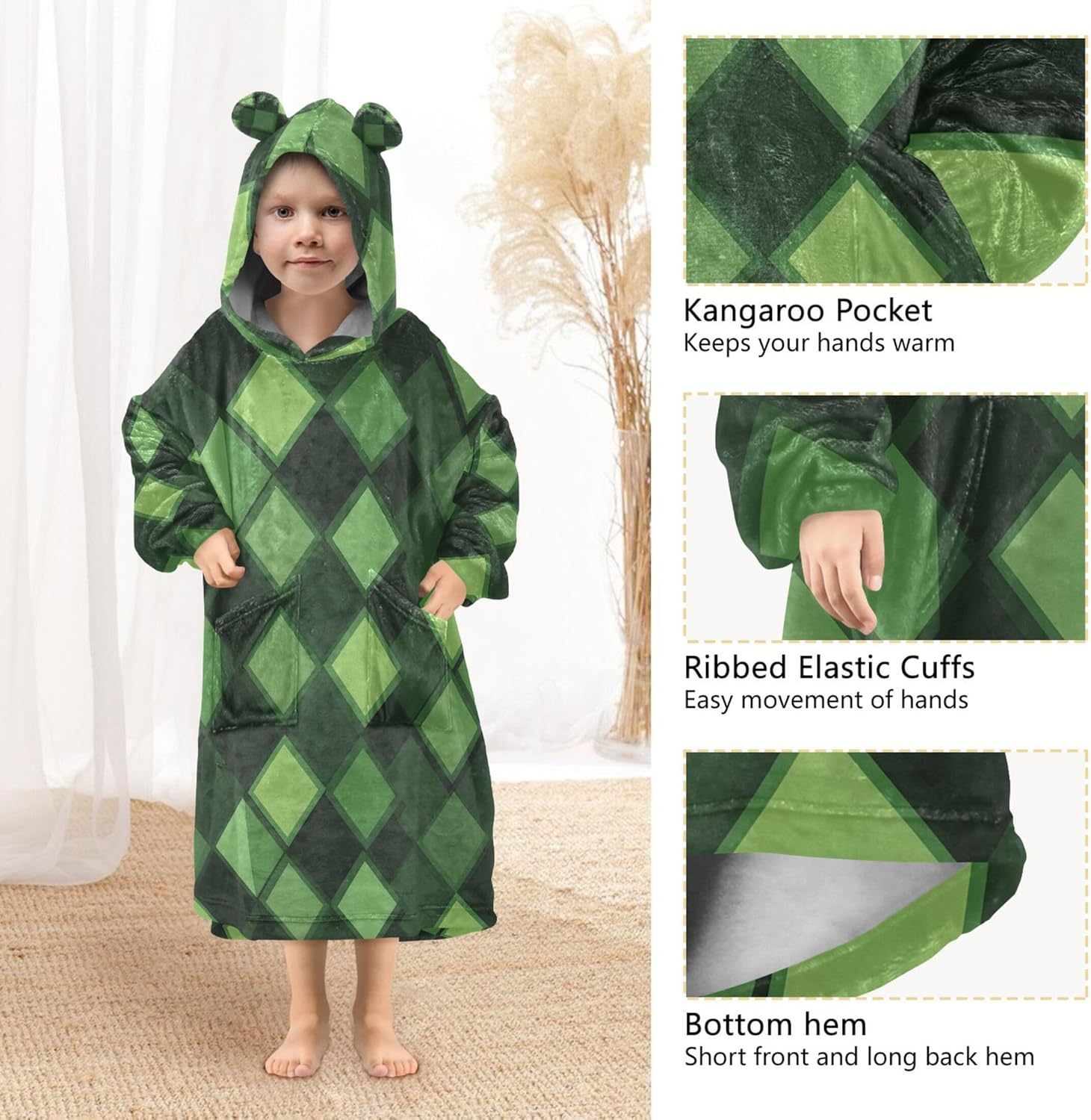 Green Buffalo Check Plaid Kids Wearable Blanket Hoodie and Sleeves for Toddlers, Cute Hoodies Girls B0403691