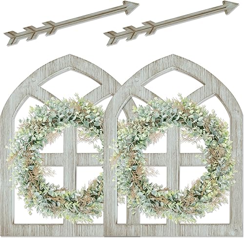 Miniatura 1 de WAKOSAN Decoración rústica de pared con corona de eucalipto y flechas, decoración de pared de marco de ventana de granja, decoración de ventana