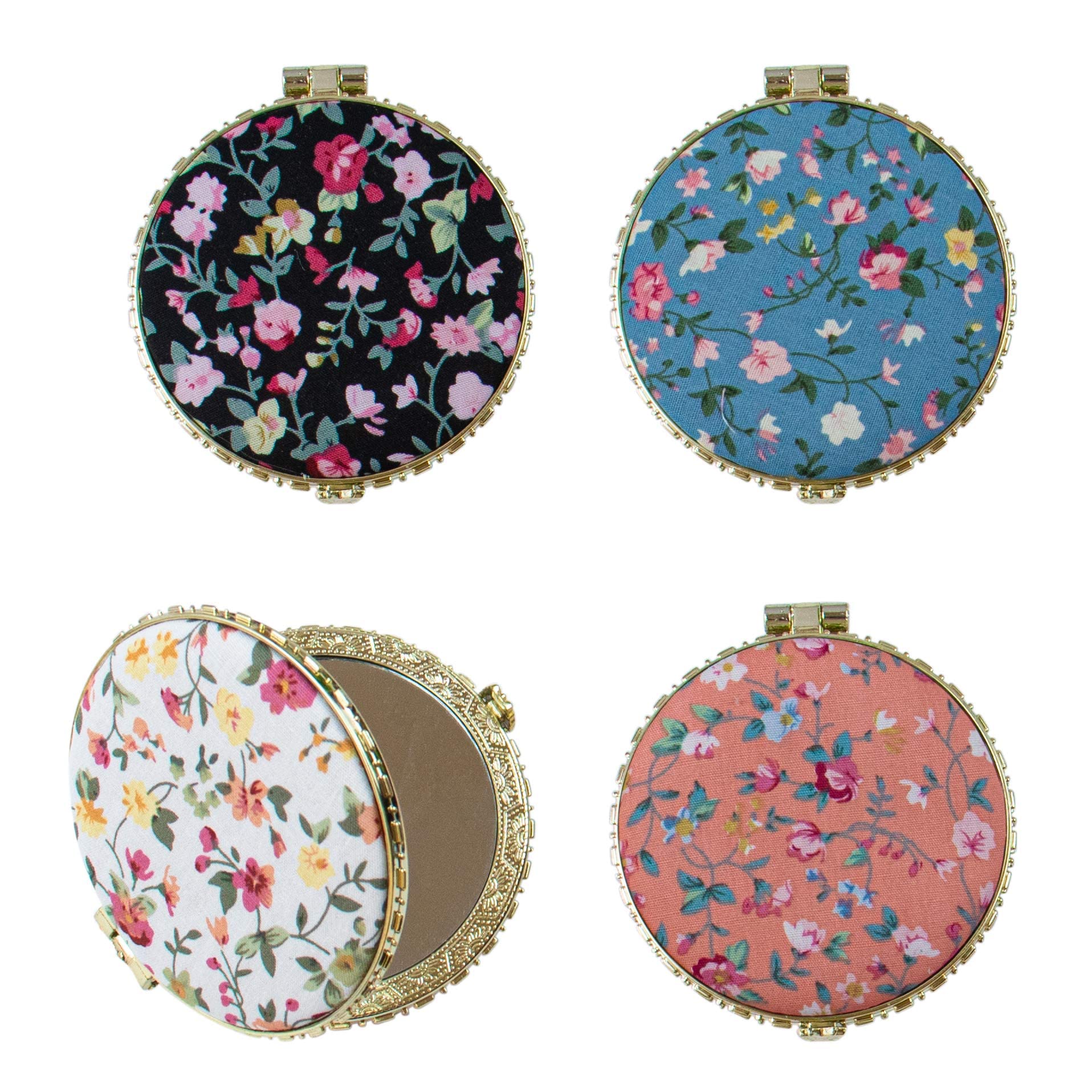 KASTWAVE Compact Mirror, 4 Pack Retro Floral Makeup Compact 2-Sided Mirror with Floral Patterns Small Pocket Purse Mirrors Beauty Handheld Folding Portable Travel Mirror for Women Girls Lady