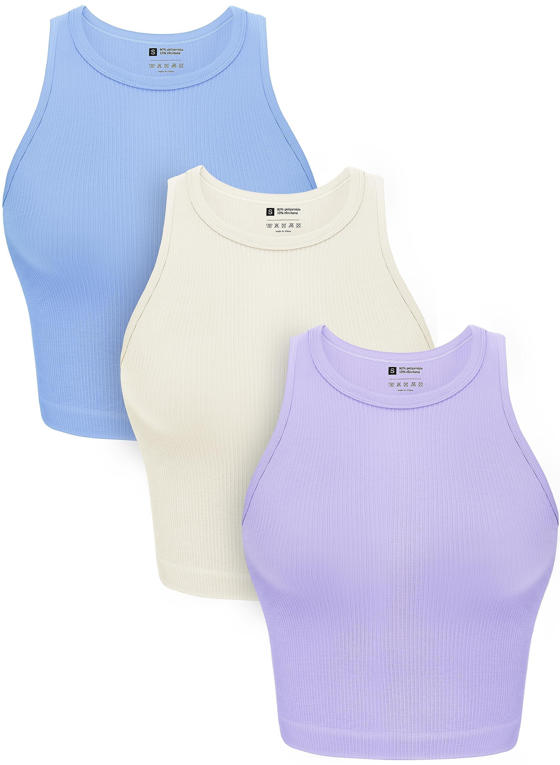 OLCHEE Womens 3 Pack Crop Tank Tops Basic Seamless Ribbed Round High Neck Racerback Workout Top Summer Causal Yoga Gym Shirts