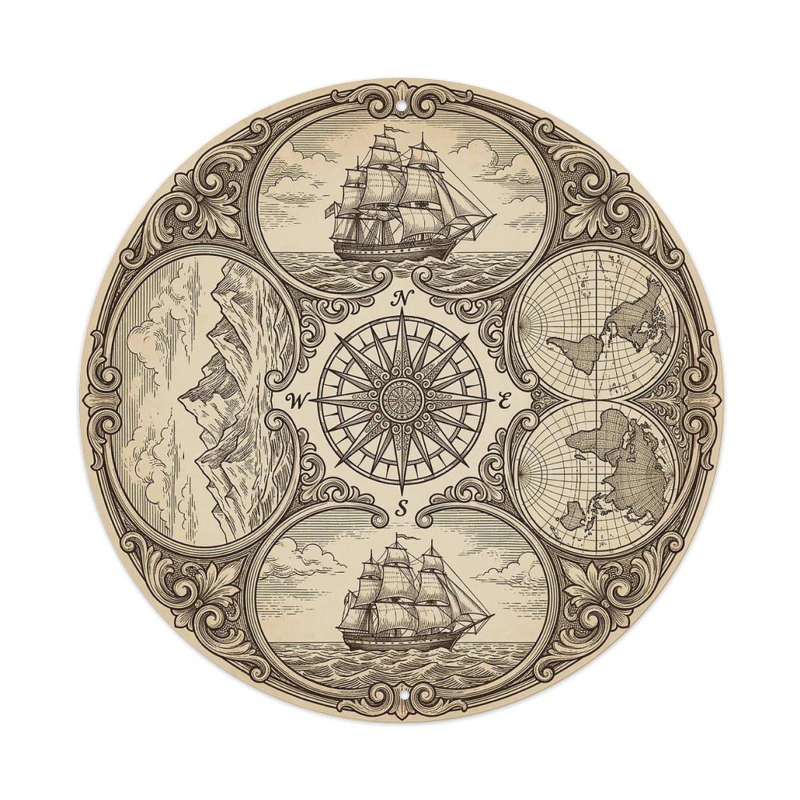Vintage Nautical Compass World Map Seafaring Chronicle Metal Tin Sign