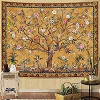 Faxdong Boho Tree of Life Tapestry - Vintage Orange Yellow Bohemian Wall Hanging with Birds Flowers Animals, 36x48 Inch HD Polyester