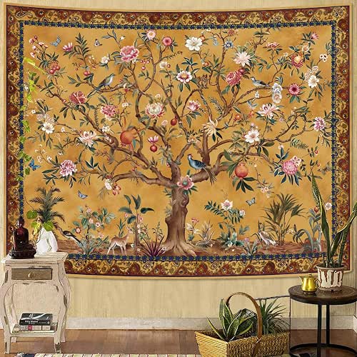 Faxdong Boho Tree of LIfe Tapestry, Vintage Flower Leaves Birds