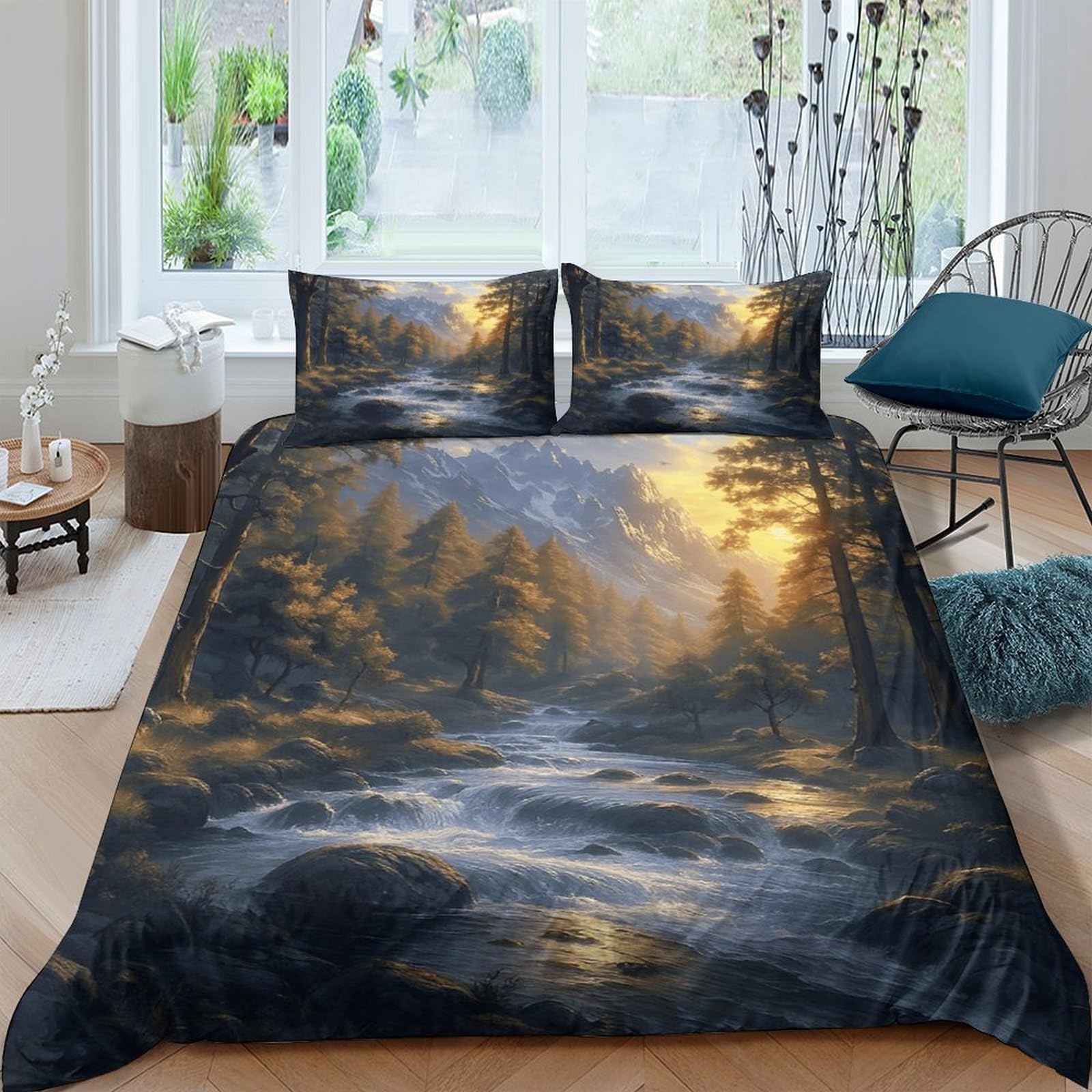 Ctjqhvkz Style-3 3D Printed Forest Sunset Fitted Sheet Microfiber Soft Artistic River Bed Cover For Bedroom Dorm Decor Single（135X200cm）