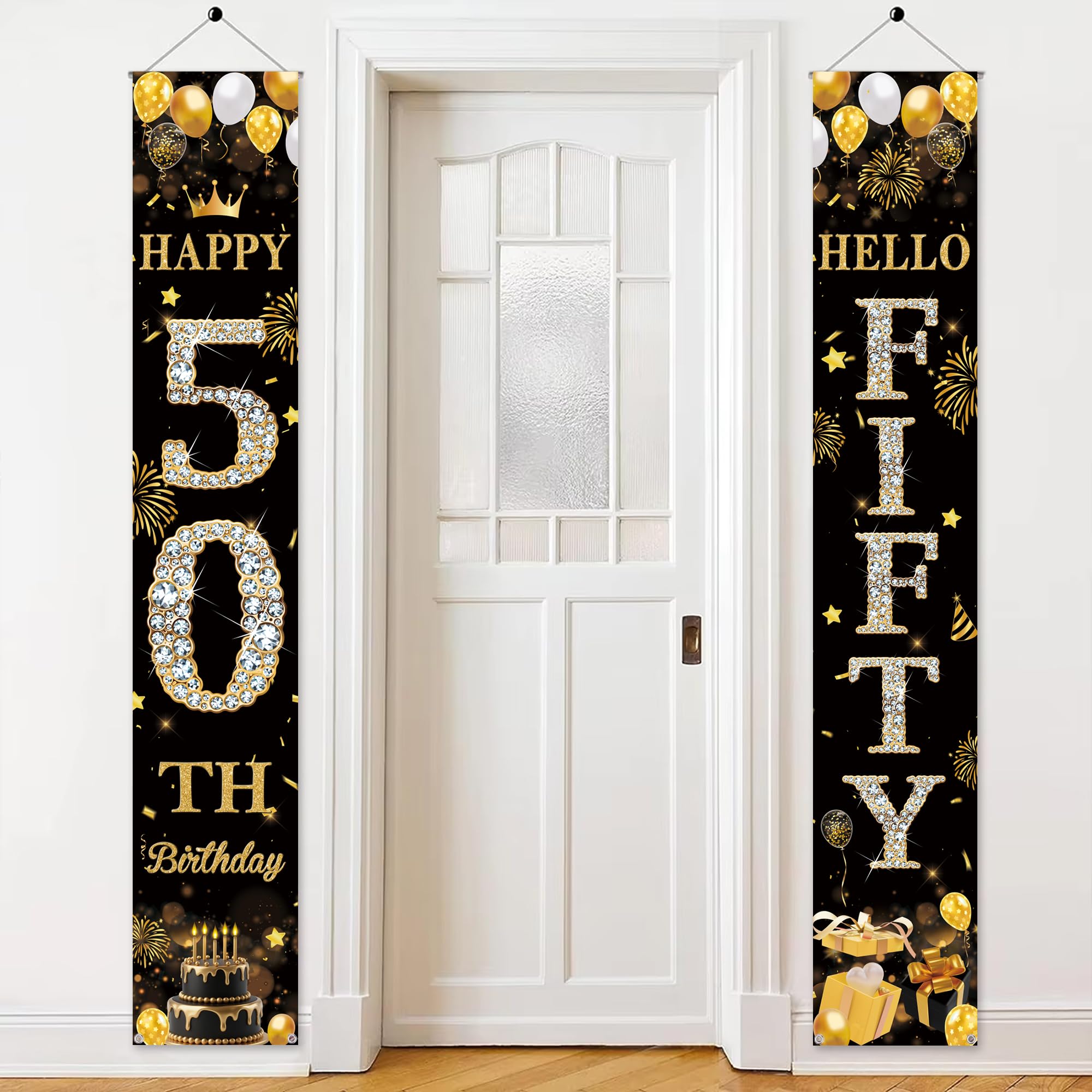 50th Birthday Decorations Banner Men - Black Gold Fifty Party Door Porch Sign, Happy 50 Years Old Door Banners for Birthday Party Decoration Supplies