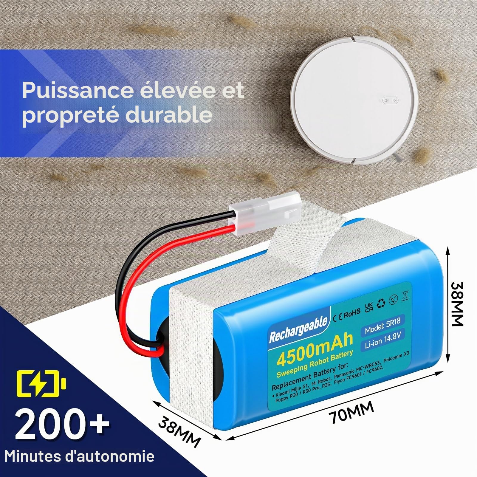 4500mAh Batterie pour Rowenta Explorer Serie 20 40 45 50 60, pour Rowenta RS-RT900866, pour Tefal Explorer 60 50 45 40 20 Serie, CMICR18650F5, pour Xiaomi Mijia G1 Mi Robot, H18650CH-4S1P