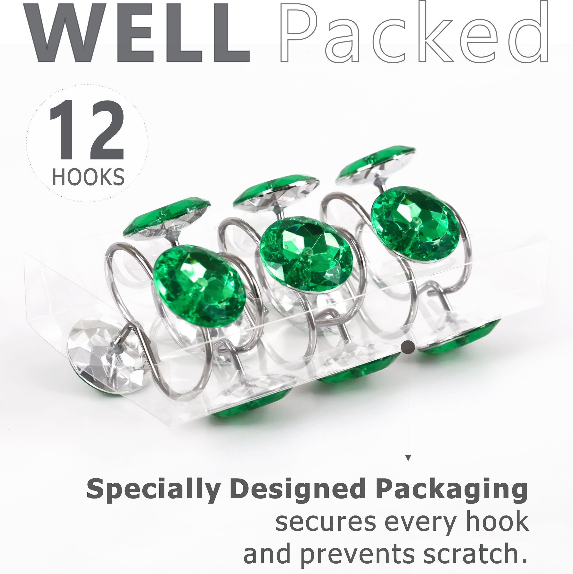 Lot de 12 Crochets de Rideau de Douche en Cristal Vert : émeraude Scintillante et Brillante Ronde pour Rideau de Douche pour Noël et Vacances – Anneaux et cintres de Luxe pour Rideau de Douche