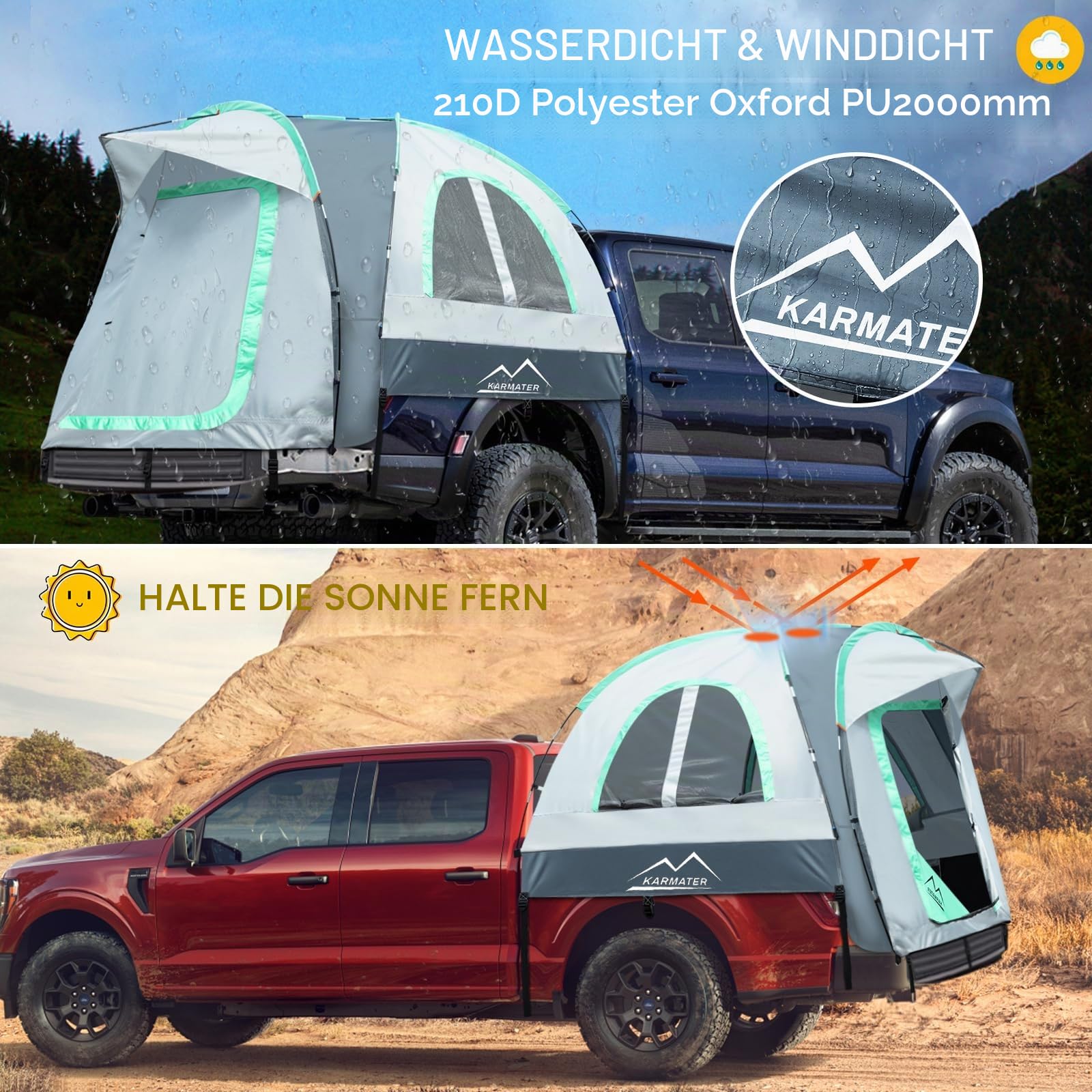 Pickup-LKW-Zelt, wasserdicht, PU2000 mm, LKW-Zelt für Camping, 1,5–1,8 m Bett, 2-Personen-Schlaf-LKW-Bettzelt mit doppellagigem Design-Fenster, Pickup-Zelt mit erweiterbarem