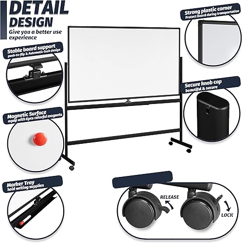 Miniatura 10 de INNOVART Pizarra blanca móvil de 72 x 40 pulgadas, pizarra magnética de borrado en seco de doble cara reversible de 360 con soporte rodante portátil
