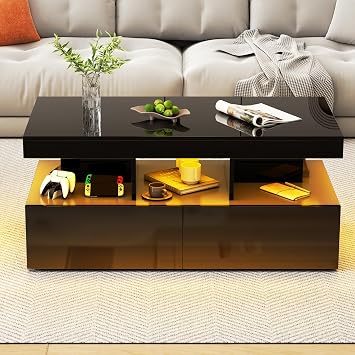 High Gloss Coffee Table for Living Room, Rectangle Centre Table with Open Display Shelf and 2 Drawer Storage, Modern Wooden Tea Table Sofa Table with LED RGB Lights for Home Office (Black)