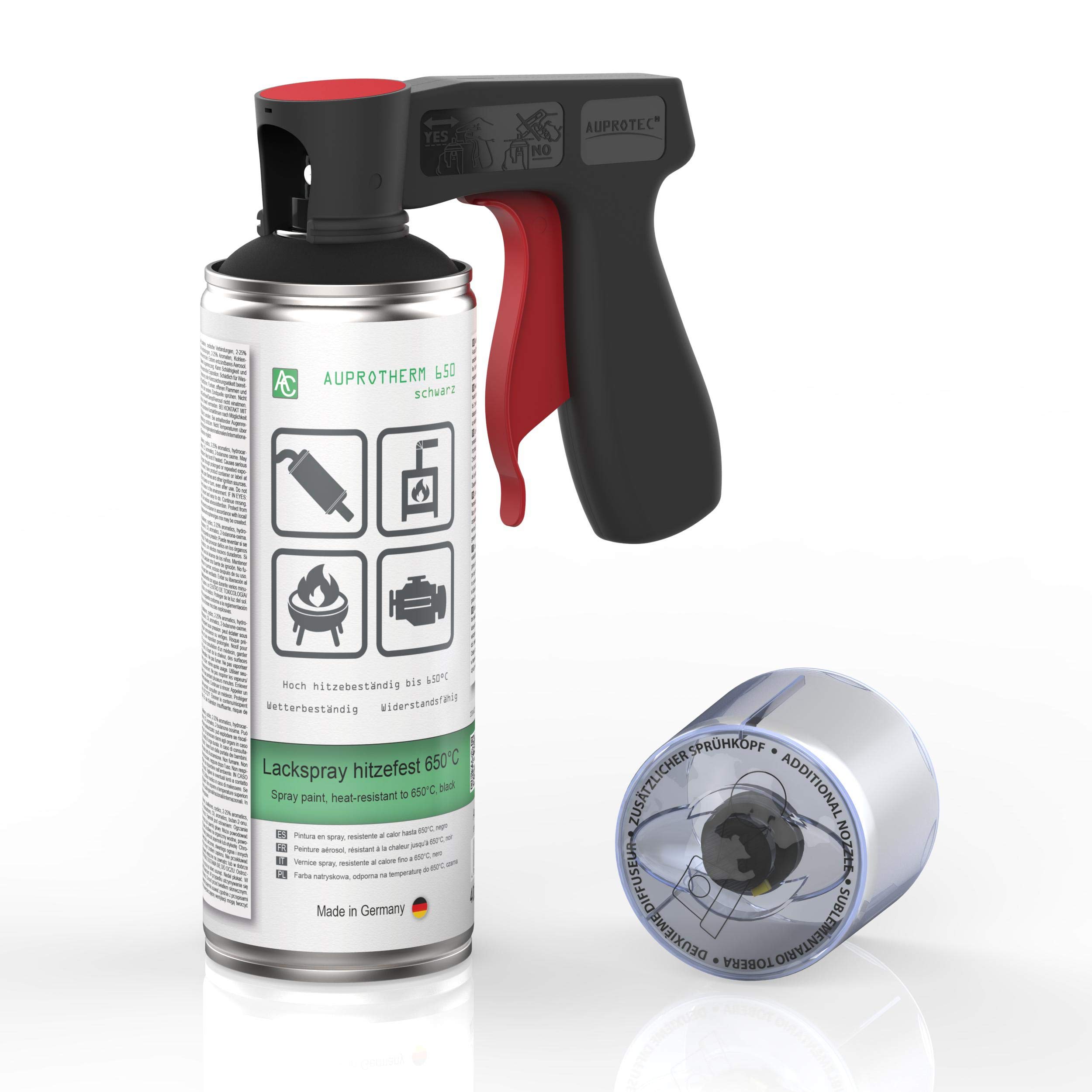 AUPROTEC Lackspray AUPROTHERM 650 schwarz Motor Lack Sprühlack Hitzefest 650°C Spray 6x 400ml + 1x Original Pistolengriff