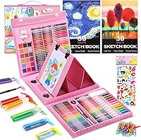 ColorMore 237-Piece Kids Art Set with Double-Sided Easel - Watercolor, Oil Pastels, Markers for Ages 4-8, Pink Art Supplies & Gift