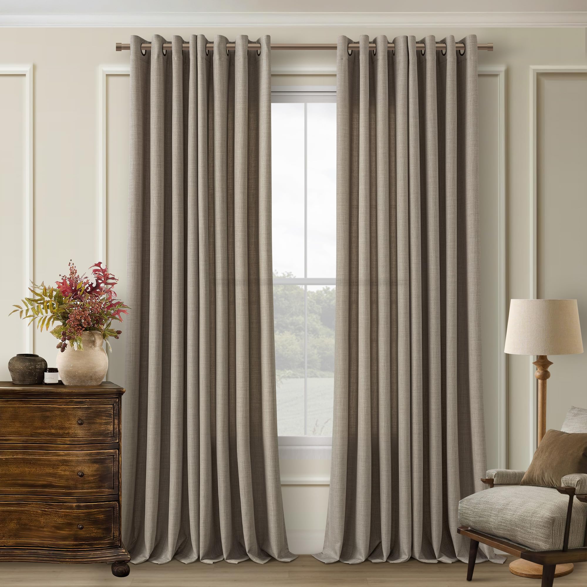 Photo 1 of 120 Inch Faux Linen Curtains Neutral Tan Brown Bronze Grommet Semi Sheer Light Filtering Privacy Drapes Farmhouse Boho Rustic Window Floor To Ceiling Curtains for Living 120 Inches Long 2 Panels Set