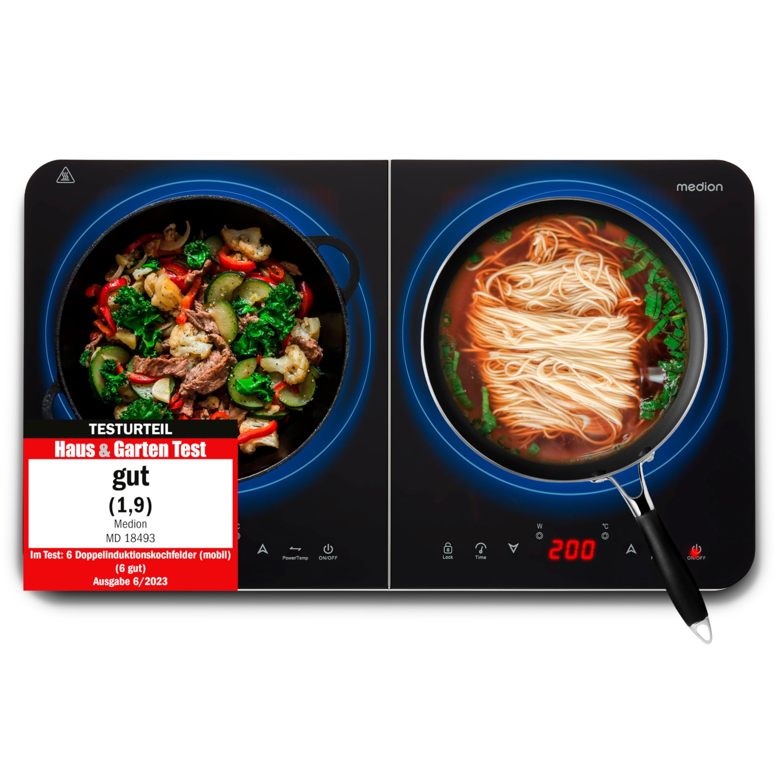 MEDION Doppel-Induktionskochplatte, 3500 Watt, Zwei Kochplatten, 10 Temperaturstufen, LED Display, MD18493, schwarz