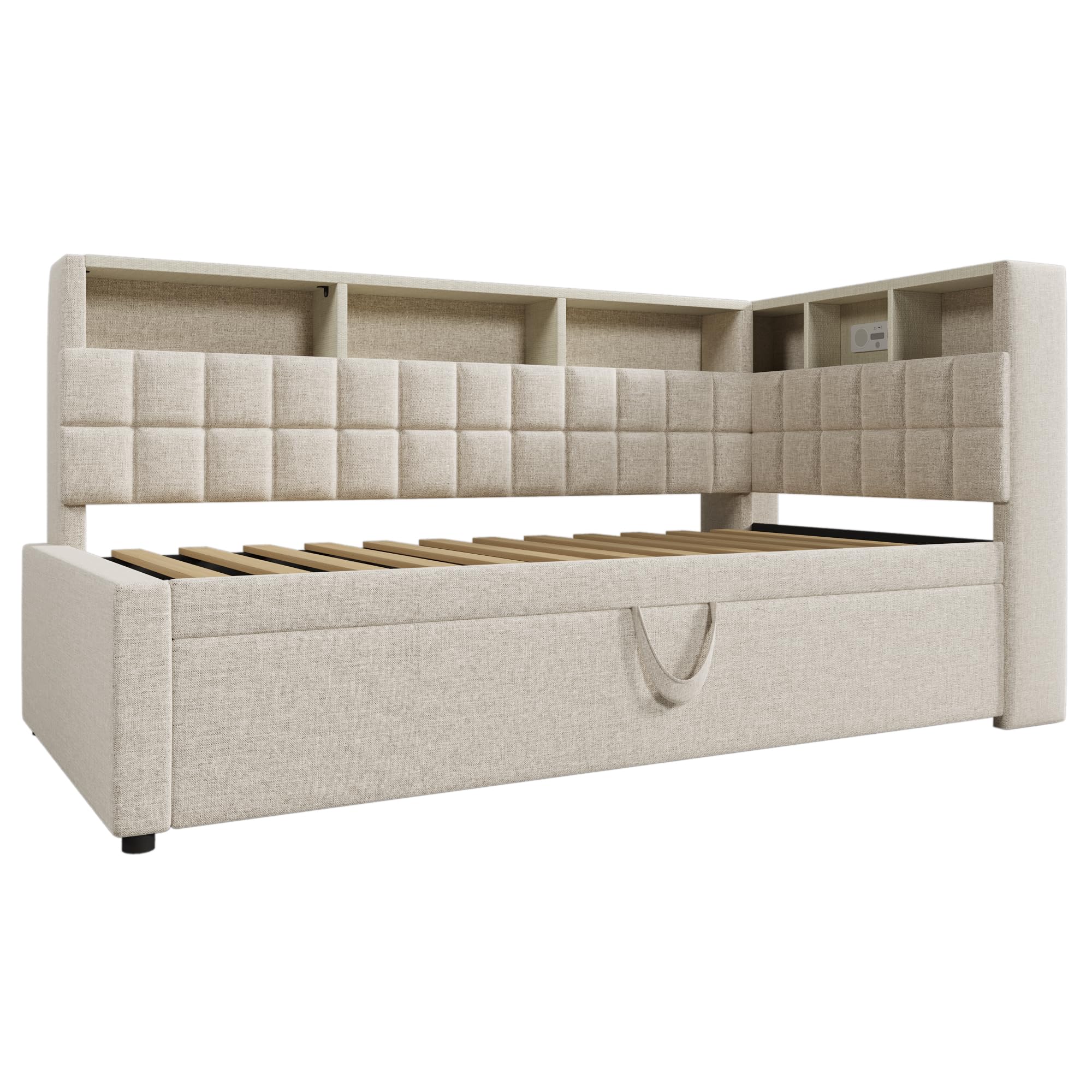 Letto imbottito, 90 x 200 cm, divano letto con LED, porta di ricarica USB e tipo C, altoparlante Bluetooth, testiera a L, con ripiano portaoggetti, in lino, senza materasso (beige, 90 x 200 cm)