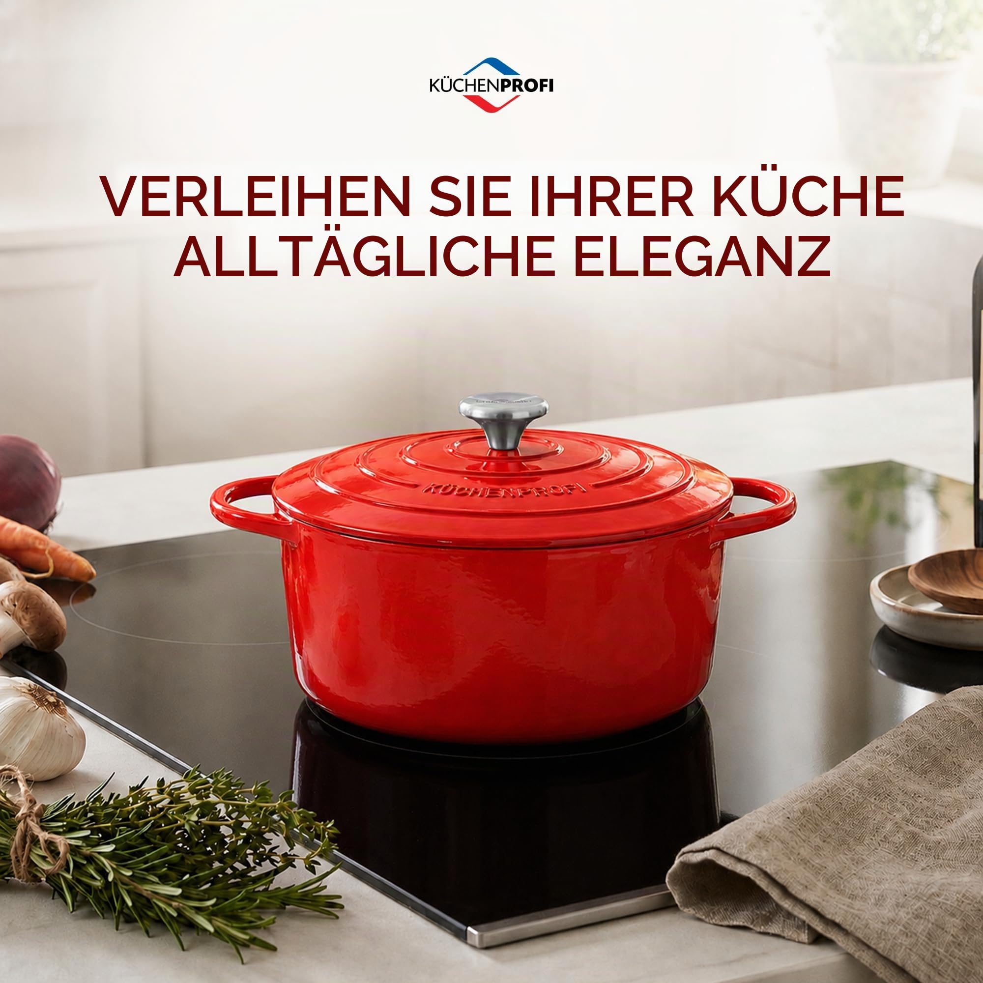 Küchenprofi Bratentopf Provence mit Deckel aus Gusseisen in der Farbe Rot Fassungsvermögen 4,2L, Maße: 24cm x 11,3cm, 04 0100 04 24