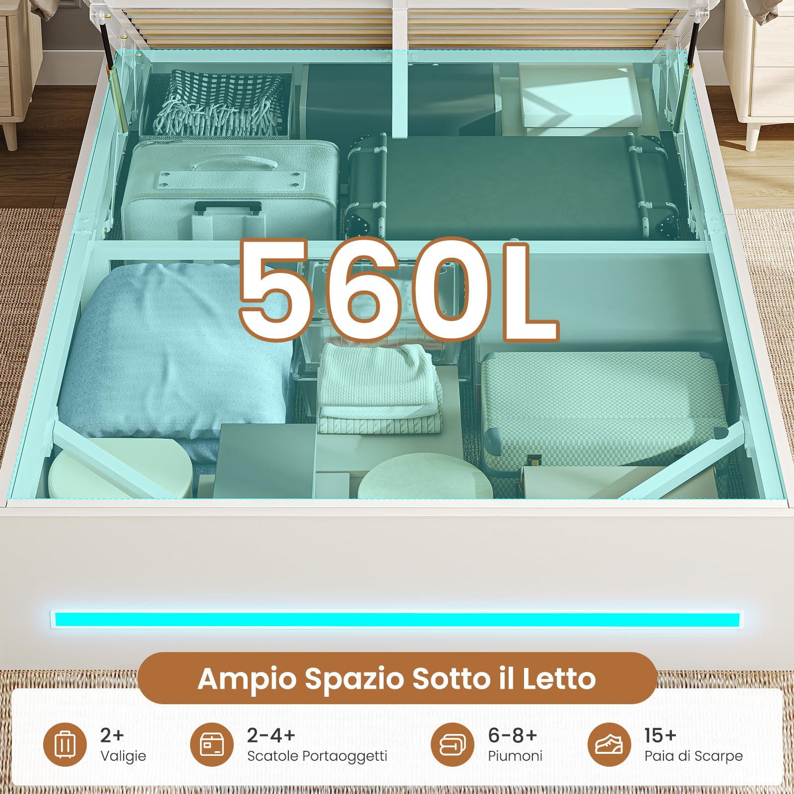 AOGLLATI Letto Contenitore 90x200 cm con Sollevamento Idraulico, Letto Singolo con Luci LED e Porta USB, Sommier a Doghe in Legno, Testiera Imbottita Nero con 7 Vani Portaoggetti, Bianco