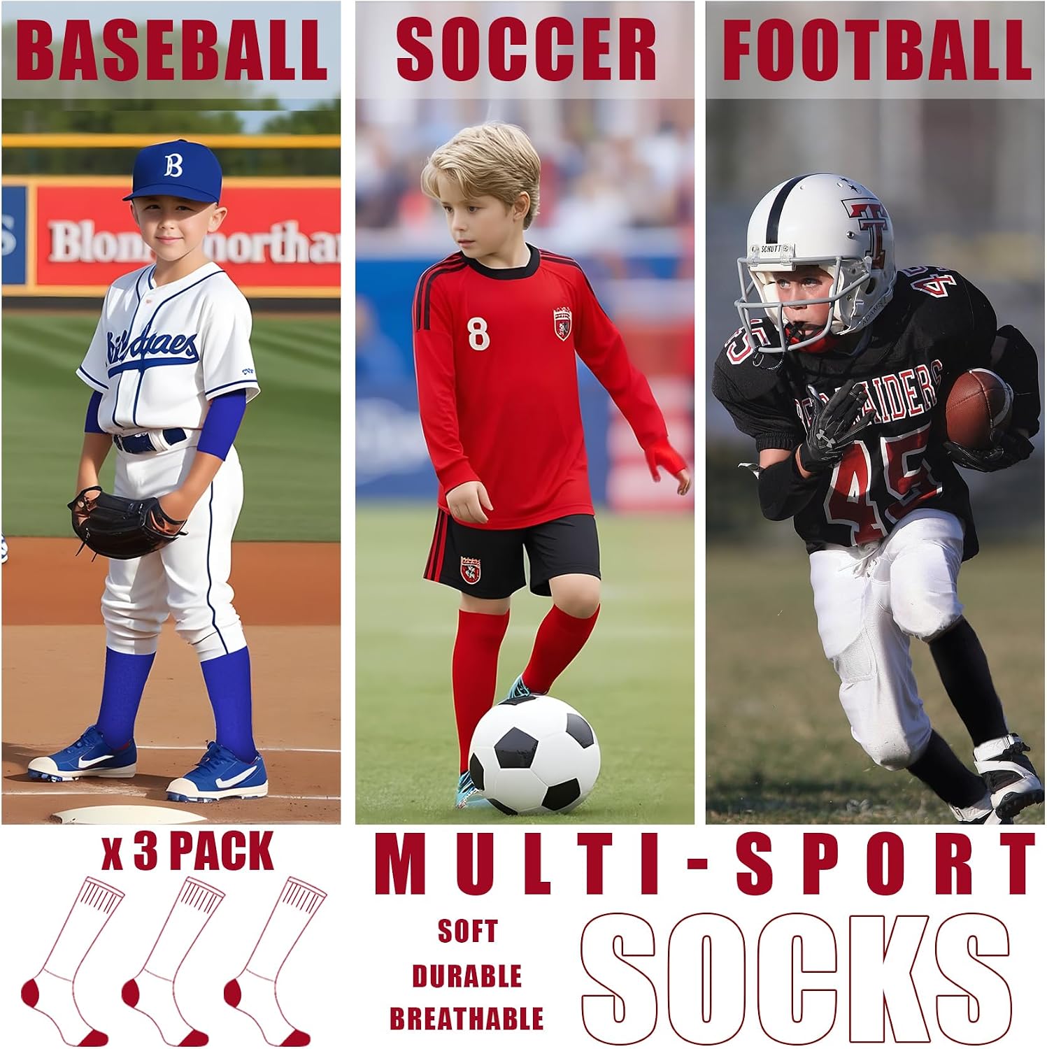 3 Pack Toddler Baseball Softball Socks Little Kids Knee High T-Ball Soccer Football Socks For Youth Boys & Girls